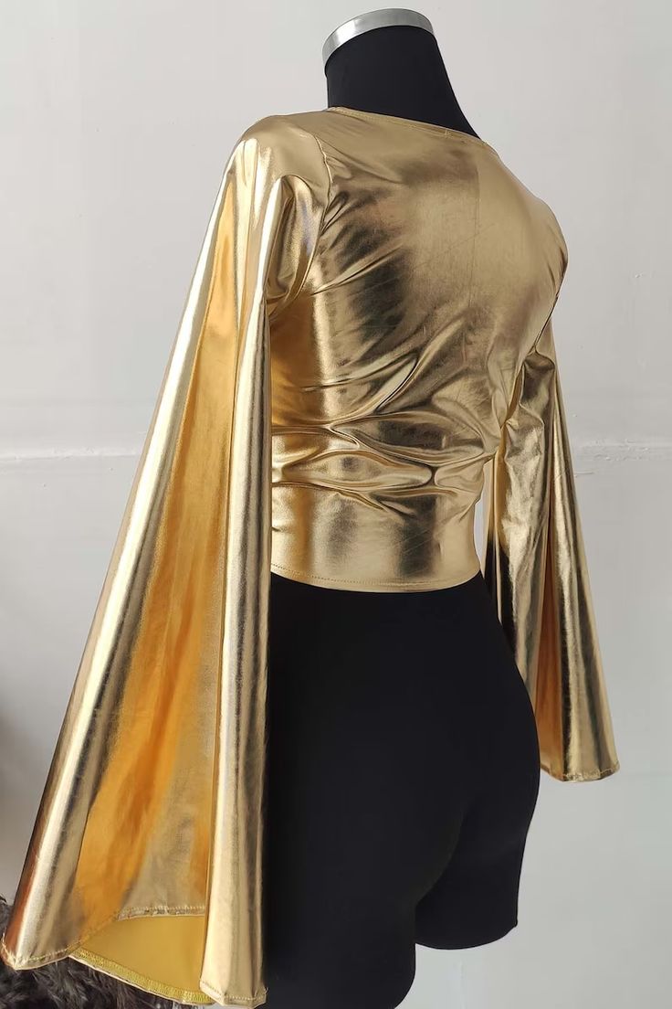 Gold Bell Sleeve Top Women's Wrap Front Tie Crop Top in - Etsy Gold Top For Spring Party, Gold Party Top For Spring, Stretch Gold Tops For Party Season, Gold Stretch Tops For Party Season, Gold Blouse For Spring Party, Metallic Fitted V-neck Top, Chic Fitted Tops For Costume Party, Fitted Top For Costume Party, Chic Wrap Blouse For Party