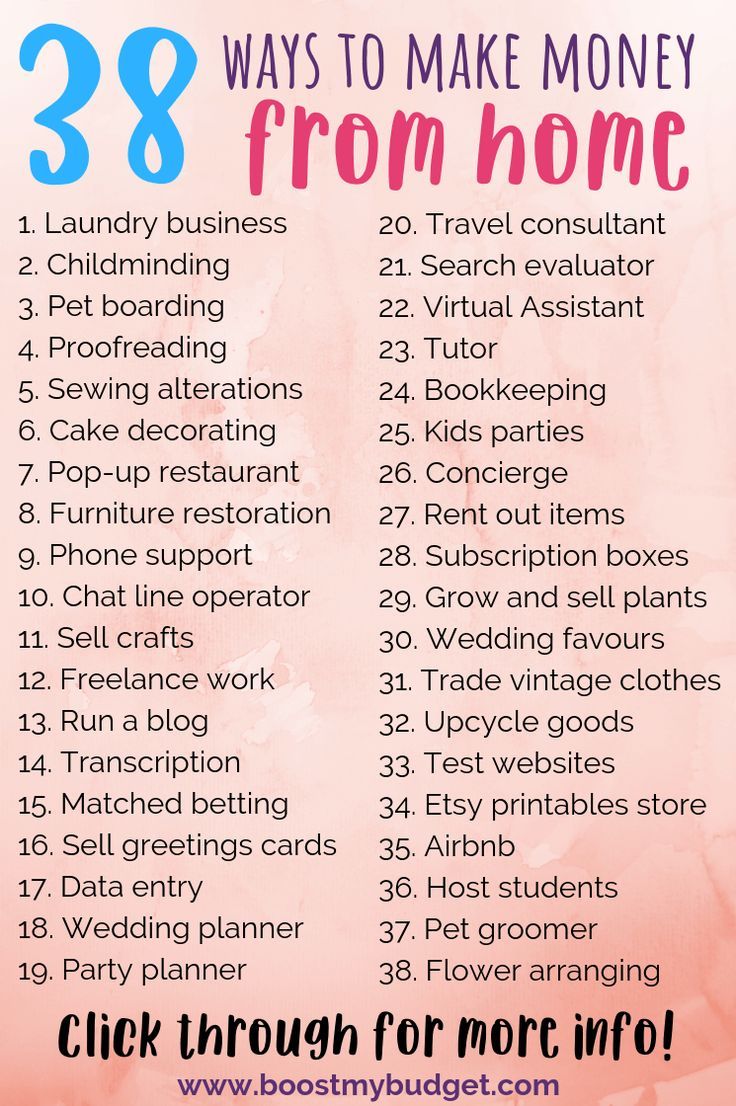 a pink poster with the words 28 ways to make money from home in blue font