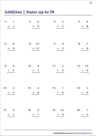 Addition within 20 Worksheets | Sums up to 20 | Worksheets, Telling ...