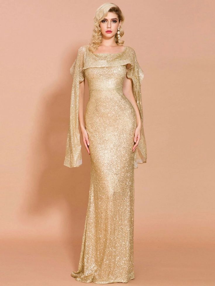 Missord Draped Split Thigh Sequin Formal Dress | SHEIN USA Gold Dresses Long, Evening Gowns Online, Mermaid Evening Gown, Sequin Formal Dress, Gold Sequin Dress, Affordable Prom Dresses, Gowns Online, Mermaid Evening Dresses, Gold Dress