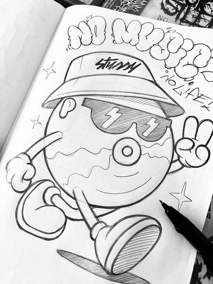 a drawing of a cartoon character with sunglasses and a hat