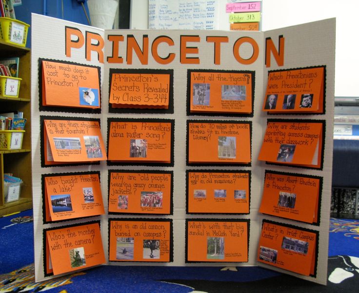 an orange bulletin board with pictures and words on it in front of bookshelves