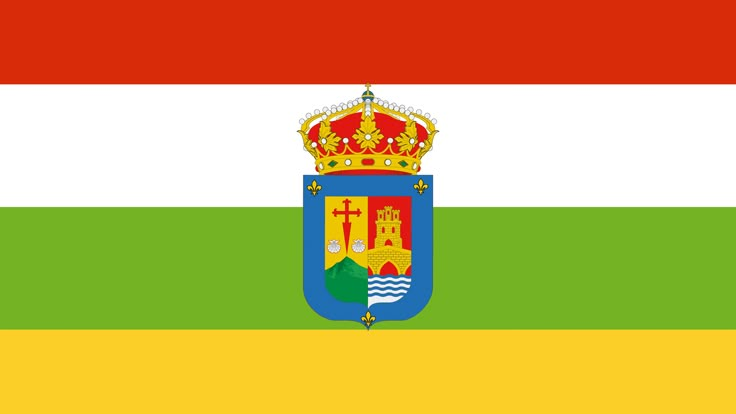 the flag of spain is shown in red, white and green with a crown on top