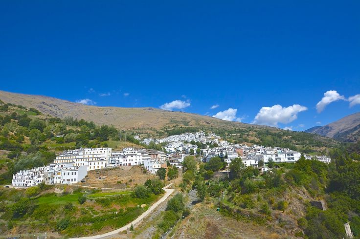 an aerial view of a town in the mountains with trees and bushes on both sides