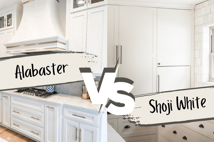 two images show the same kitchen with white cabinets and counter tops, one has black lettering on