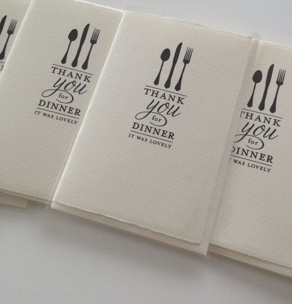 four folded thank you cards with forks and spoons on them, set against a white background