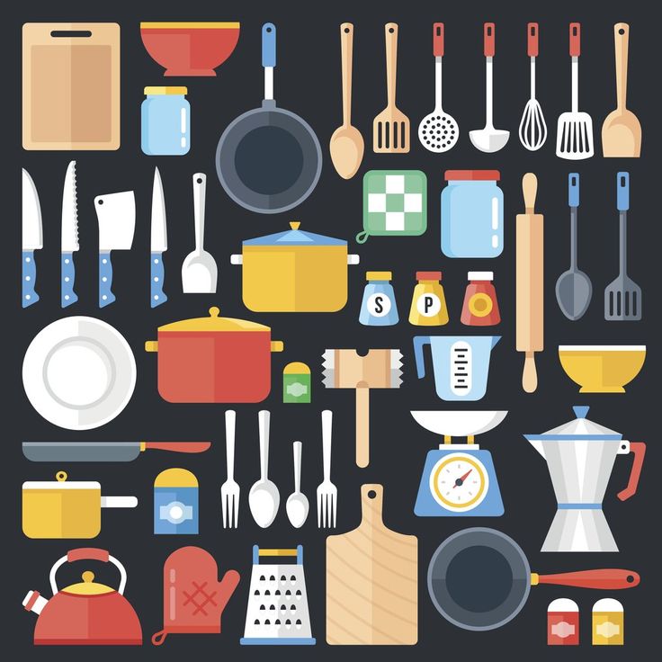 kitchen utensils and cooking tools on a black background