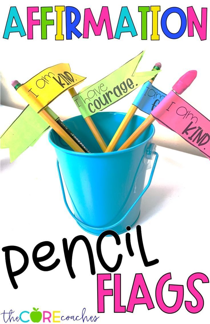 pencil flags in a blue bucket with the words affirmation on them and an image of