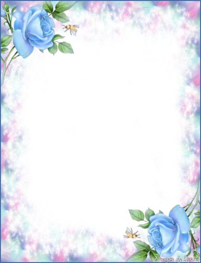 a blue rose frame with pink flowers and green leaves