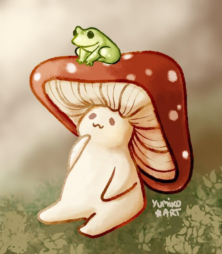 a drawing of a frog sitting on top of a mushroom with its head in the air