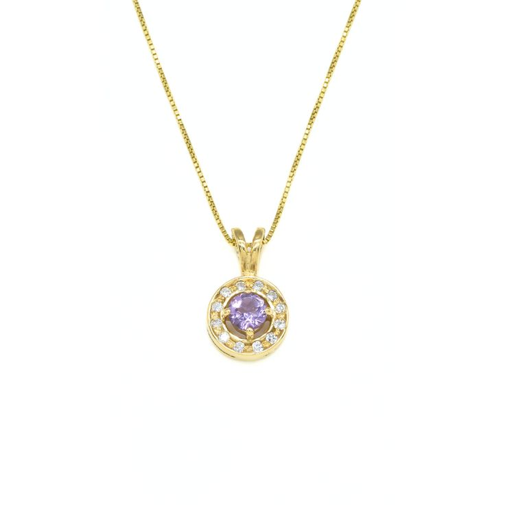 Gold Amethyst Pendant set with Natural Amethyst in a diamond cut at 5mm (0.5 Carat), surrounded by Top Grade CZ Diamonds. Gold Vintage Pendant design made of Gold Vermeil ☞ thickest 18k Gold Plating on top of Solid 925 Sterling Silver ☞ made to last. Matching Ring - please ask meMatching Earrings - please ask me Details:♥ Natural Amethyst sourced from Brazil & CZ Diamonds♥ Amethyst: 5mm, 0.5 Ct, diamond cut♥ Pendant Height 18mm, Width 11mm♥ Free Complimentary Chain♥ 18k Gold Vermeil❀ Each Natura Elegant Purple Necklace With Prong Setting, Gold Amethyst Jewelry With Halo Setting, Purple Necklace With Prong Setting For Anniversary, Purple Diamond Birthstone Necklace, Yellow Gold Amethyst Jewelry With Center Stone, Purple Prong Set Necklace For Anniversary, Purple Amethyst Necklace With Prong Setting, Purple Gemstone Necklace In Cubic Zirconia, Purple Cubic Zirconia Gemstone Necklace