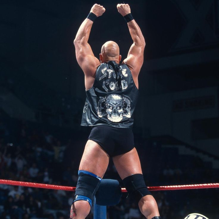 a man standing on top of a wrestling ring holding his hands up in the air