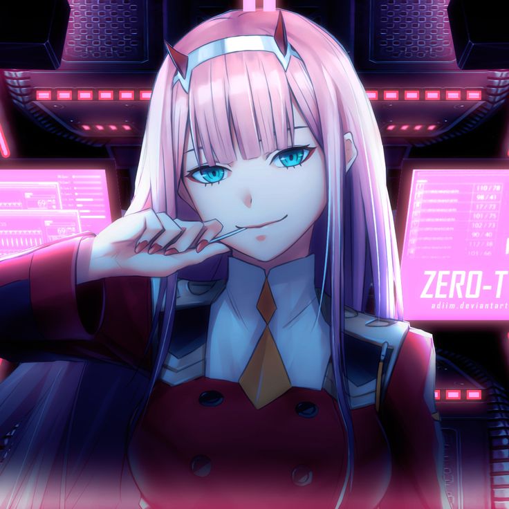 an anime character with pink hair and blue eyes posing in front of some neon lights