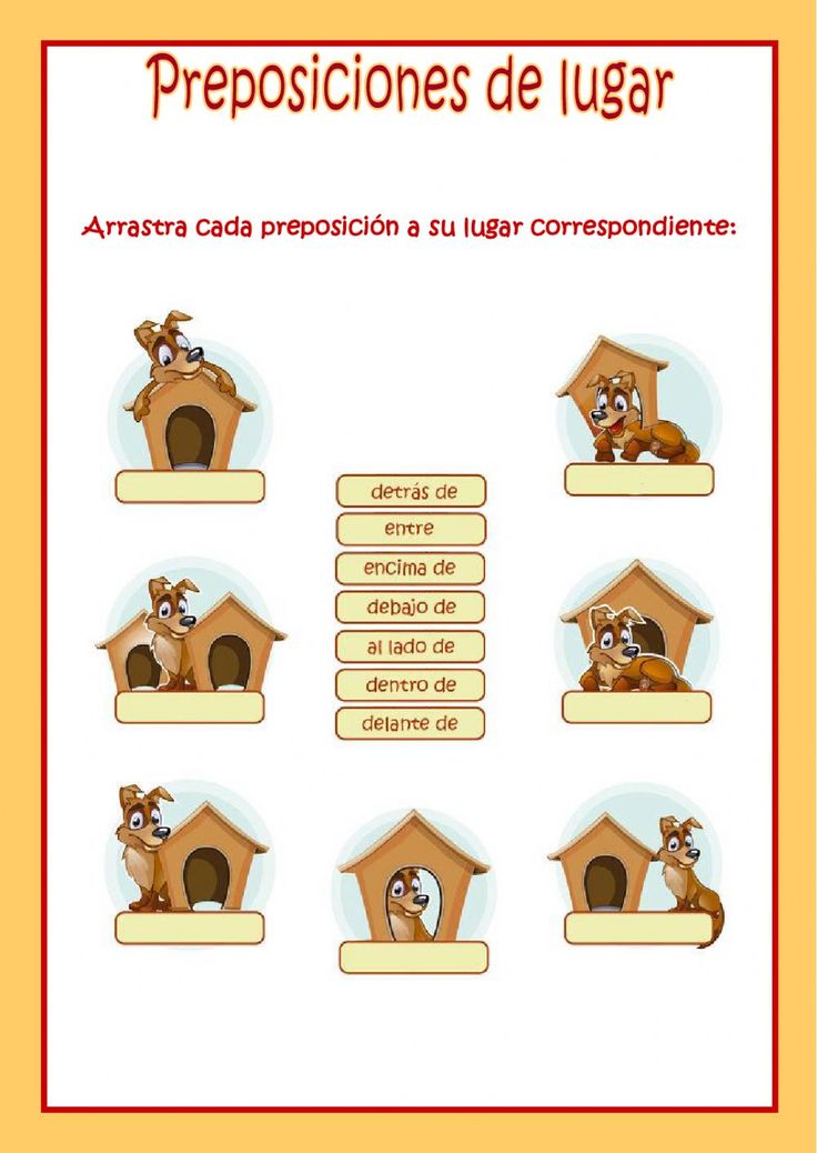 a poster with dogs in their houses and the words prepositiones de lagar