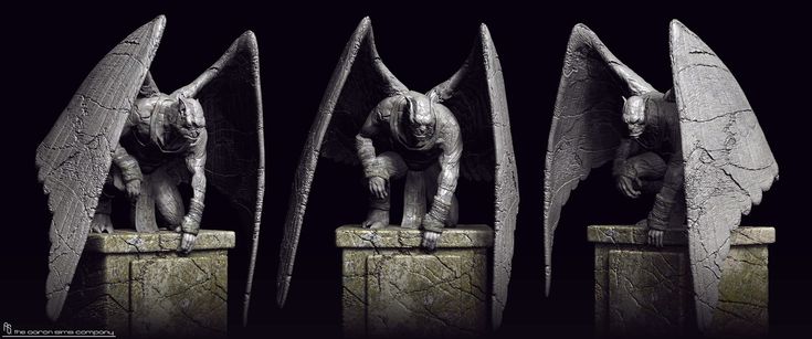 three gargoyle statues on pedestals with wings