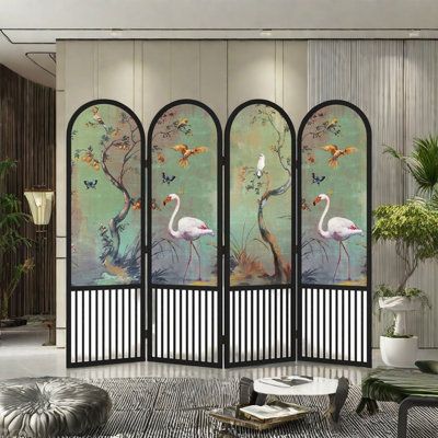 This screen features a solid wood frame paired with vintage-style artwork, adding a touch of classical charm to living rooms, entryways, and more. The foldable design allows for easy mobility and storage, making it perfect for both homes and guesthouses. Not only does it divide spaces, but it also enhances the visual appeal of interiors, offering a unique decorative effect. A Bestiary Living Size: 78.74" H x 94.49" W x 1.57" D, Number of Panels: 4 | A Bestiary Living Vintage Solid Wood Folding S Room Divider Ideas Bedroom, Mirror Room Divider, Vintage Interior Decor, Folding Screen Room Divider, Wood Shelving Units, Wood Room Divider, Screen Room Divider, Apartment Deco, Victorian Living Room