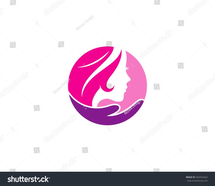 a woman's face with long hair in a pink circle logo design for beauty salons