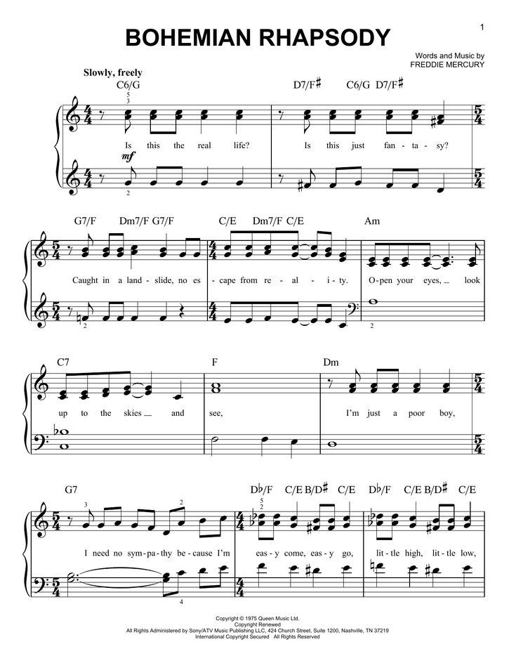 sheet music with the words bohemian rhapsody