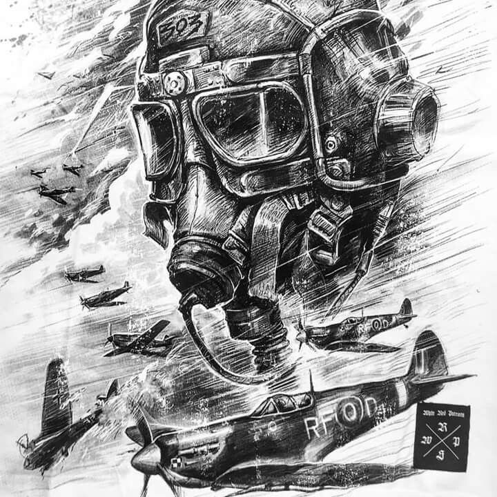 a drawing of a diving helmet and fighter jets