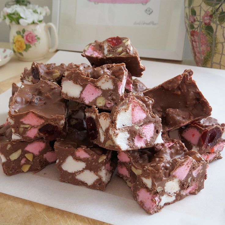 a pile of chocolate and marshmallow squares