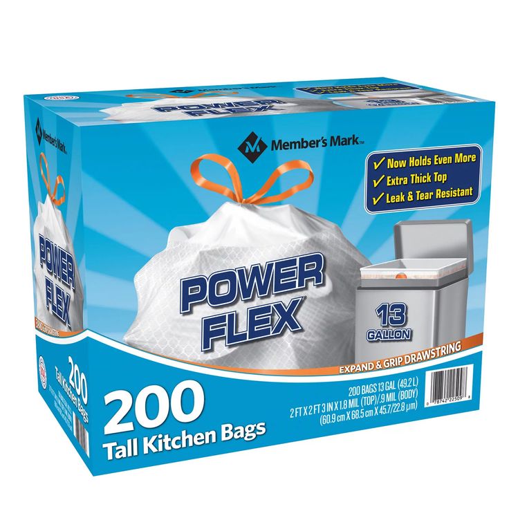 Member's Mark Power Flex Tall Kitchen Trash Bags Original (13 gal., 200 ...