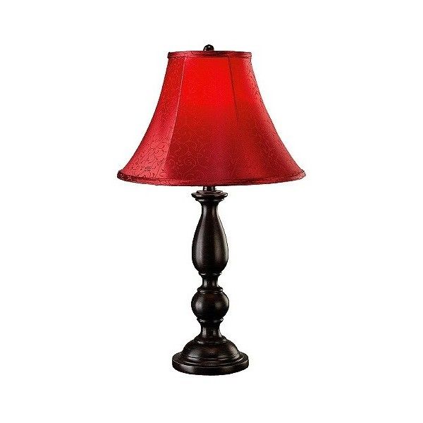 a lamp with a red shade on the top and bottom of it's base