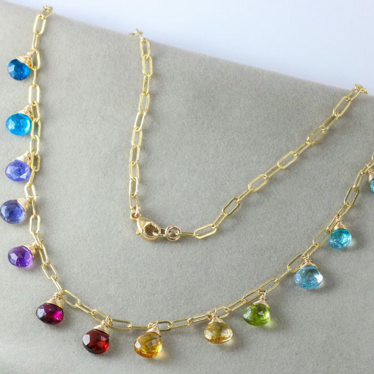 Colorful Necklace Multi Drop Necklace Rainbow Gemstone Necklace Rainbow Necklace Rainbow Choker Paperclip Chain Gold Precious Stone Necklace (32528 - 4) Rainbow Color Palette, Multi Gemstone Necklace, Bookish Stuff, Rainbow Palette, Rainbow Jewelry, Solid Gold Necklace, Necklace Collection, Gemstone Necklaces, Treating Yourself