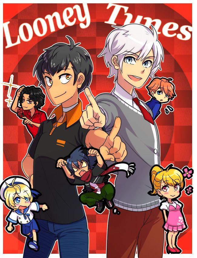 an anime poster with two people pointing at the camera and one person holding a cell phone