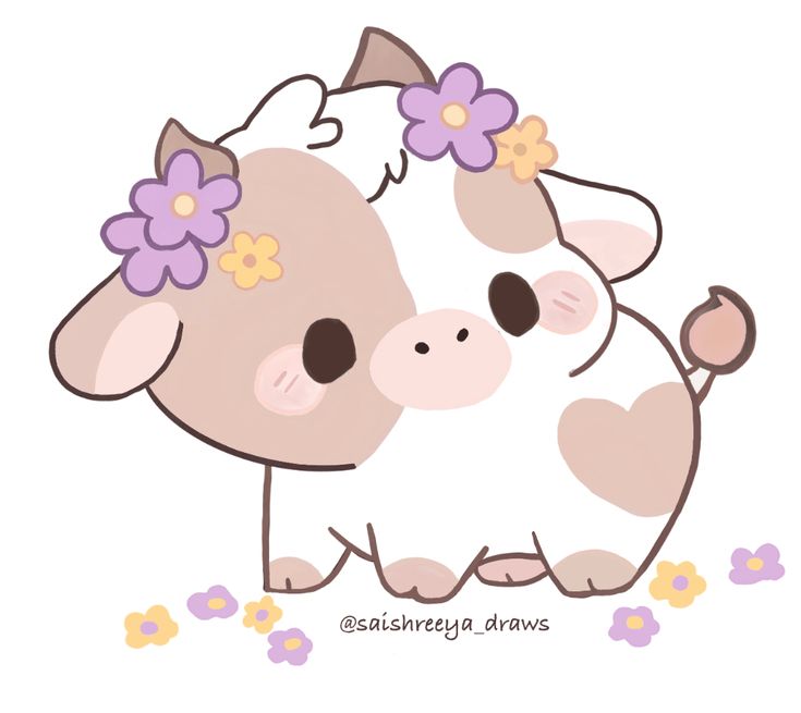 a cartoon cow with flowers on its head