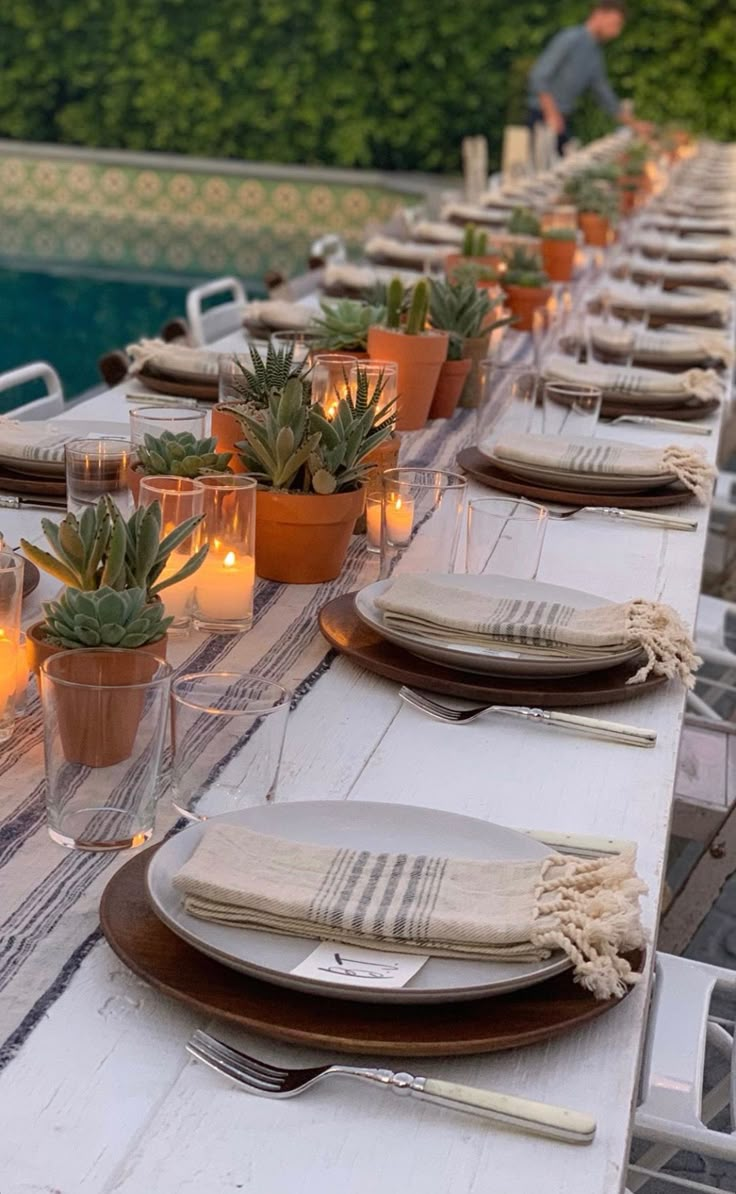 a long table set with place settings and succulents on it for an outdoor dinner