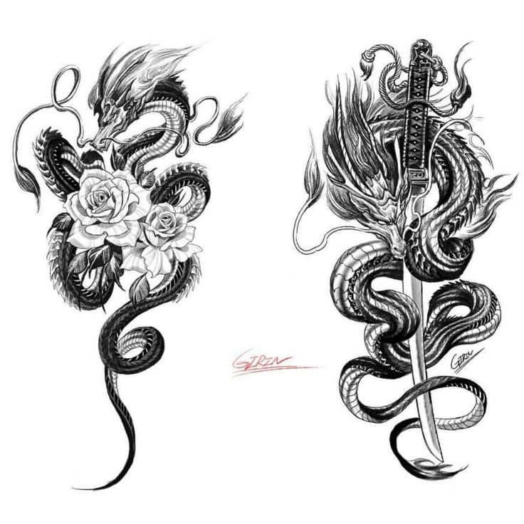 two dragon tattoos with roses on the side and an arrow in the middle, one is black