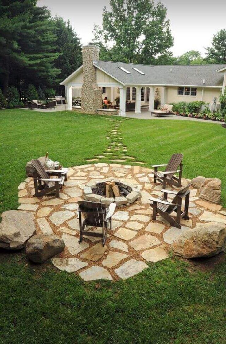 an outdoor fire pit in the middle of a yard with chairs and rocks around it