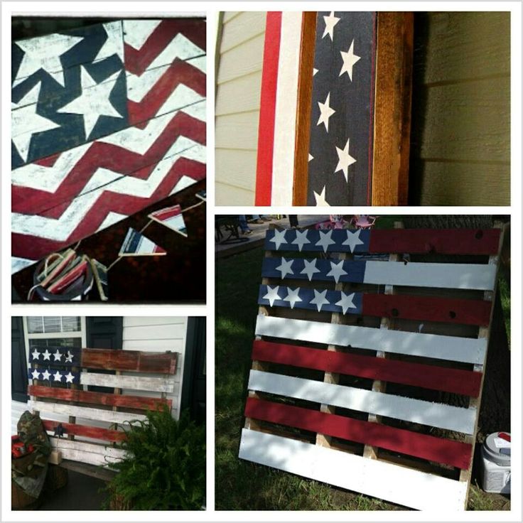 several different pictures of an american flag made out of pallet wood and other things