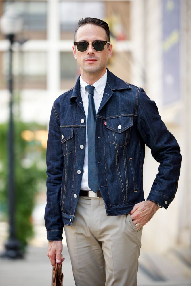 Blue Suede Shoes Johnston & Murphy - He Spoke Style Indigo Denim Jacket Men Outfit, Denim Jacket Office Outfit, Office Streetstyle, Blue Denim Jacket Outfit, Denim Jacket Men Outfit, He Spoke Style, Business Casual Attire For Men, Indigo Denim Jacket, Denim Outfit Men