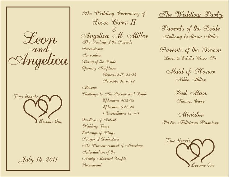 the wedding program is shown with two hearts