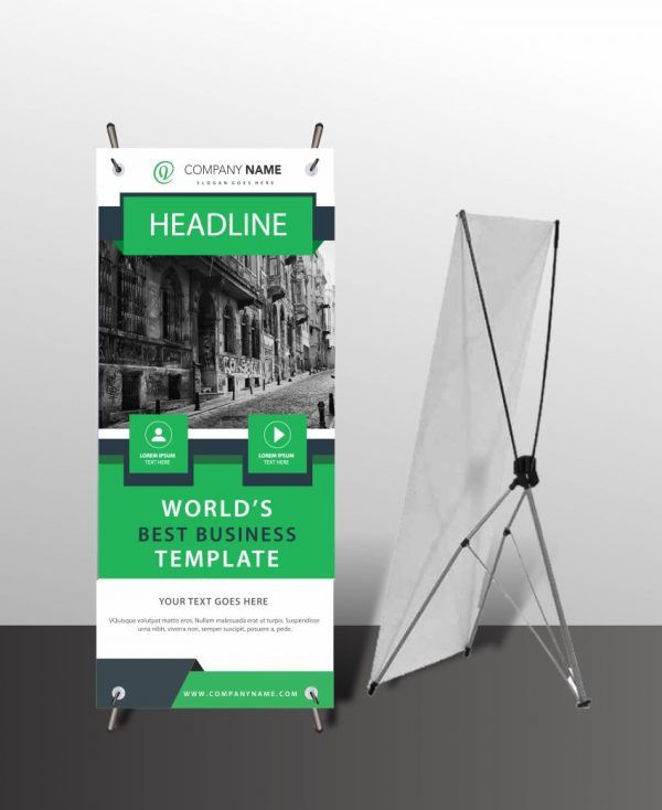 a roll up banner with the words world's best business template next to it