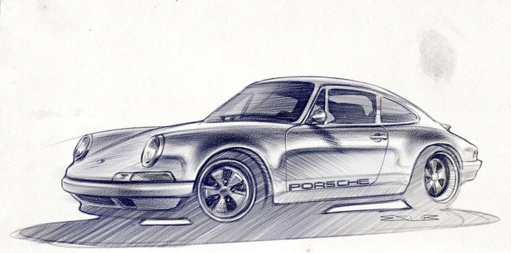 a drawing of a porsche car on a white paper with the word porsche written below it