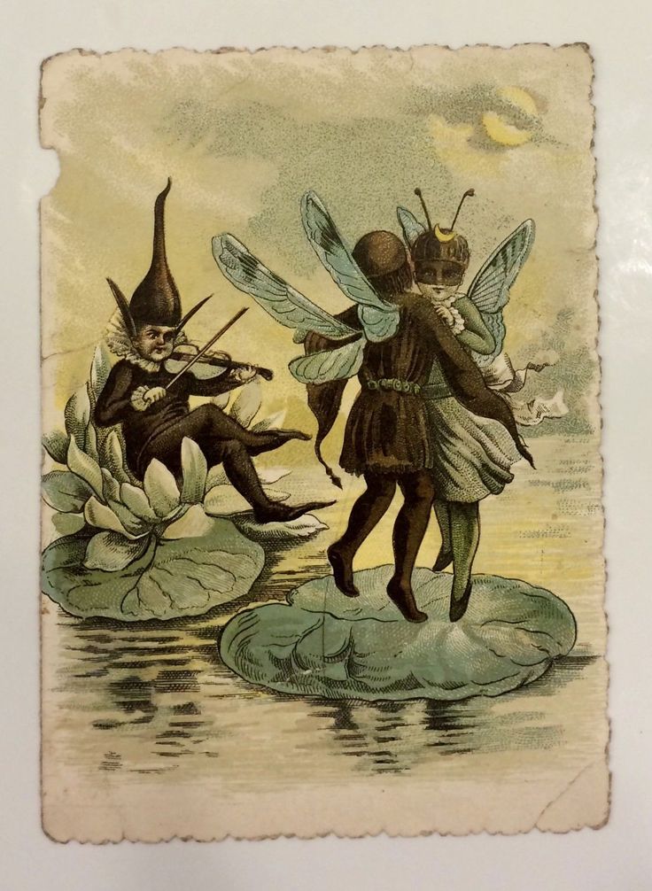 two fairy - like people are standing on lily pads