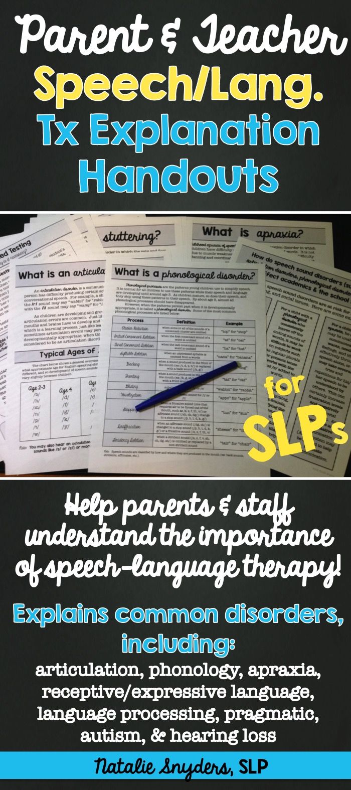 These handouts explains the role of speech-language tx, as well as some of the most common s/l disorders and how they can affect the school setting. MUST HAVE! Slp Organization, Communication Disorders, Language Therapy Activities, School Speech Therapy, Speech Language Activities, Language Disorders, Slp Activities, Slp Resources, School Slp