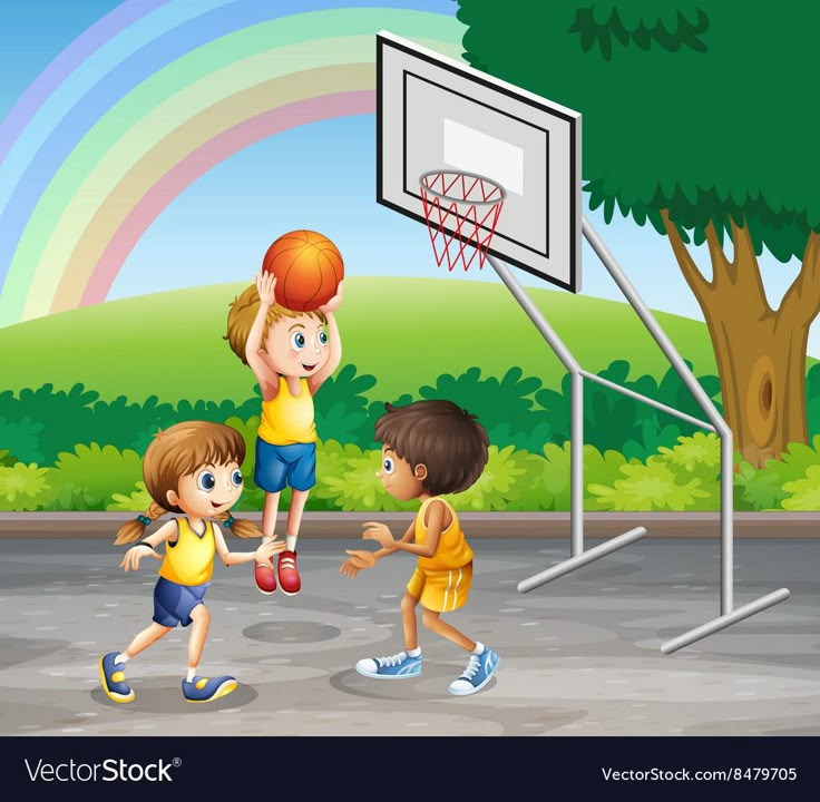 three kids playing basketball in the street with a rainbow in the backgroung