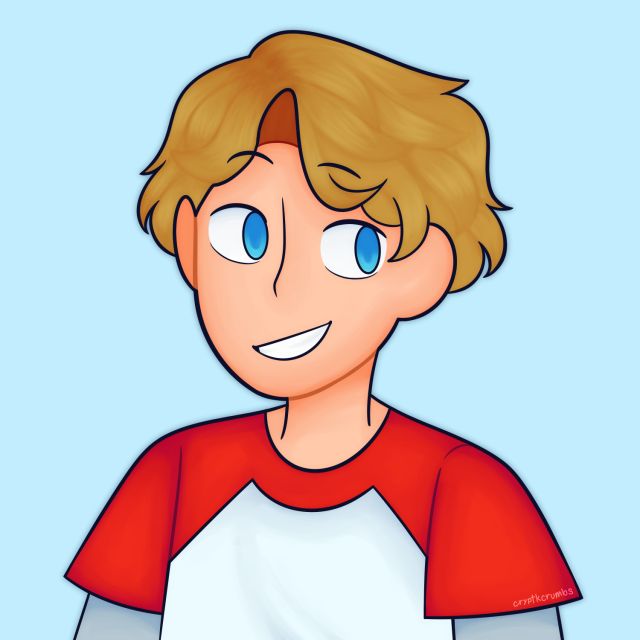 a drawing of a boy with blonde hair and blue eyes