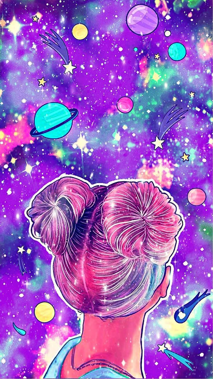 the back of a woman's head in space with planets and stars around her