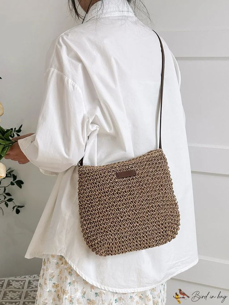 BirdinBag - Versatile Khaki Straw Bag - Adjustable Strap, Perfect for Vacation Style Minimalist, Men's Beauty, Bag Bag, Color Khaki, Weekender Bag, Beach Trip, Shoulder Bag Women, Straw Bag, Bags Women