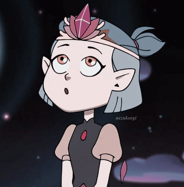 a cartoon character with grey hair and pink eyes