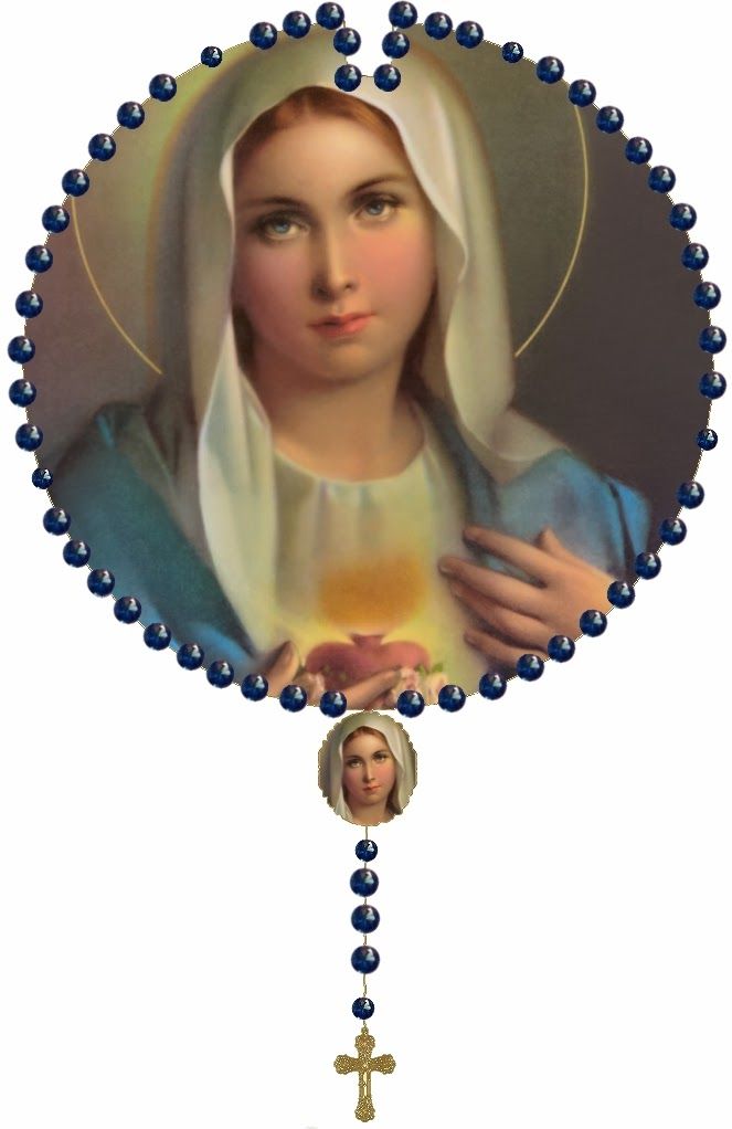 an image of the immaculate mary with beads around her neck and hands holding a cross