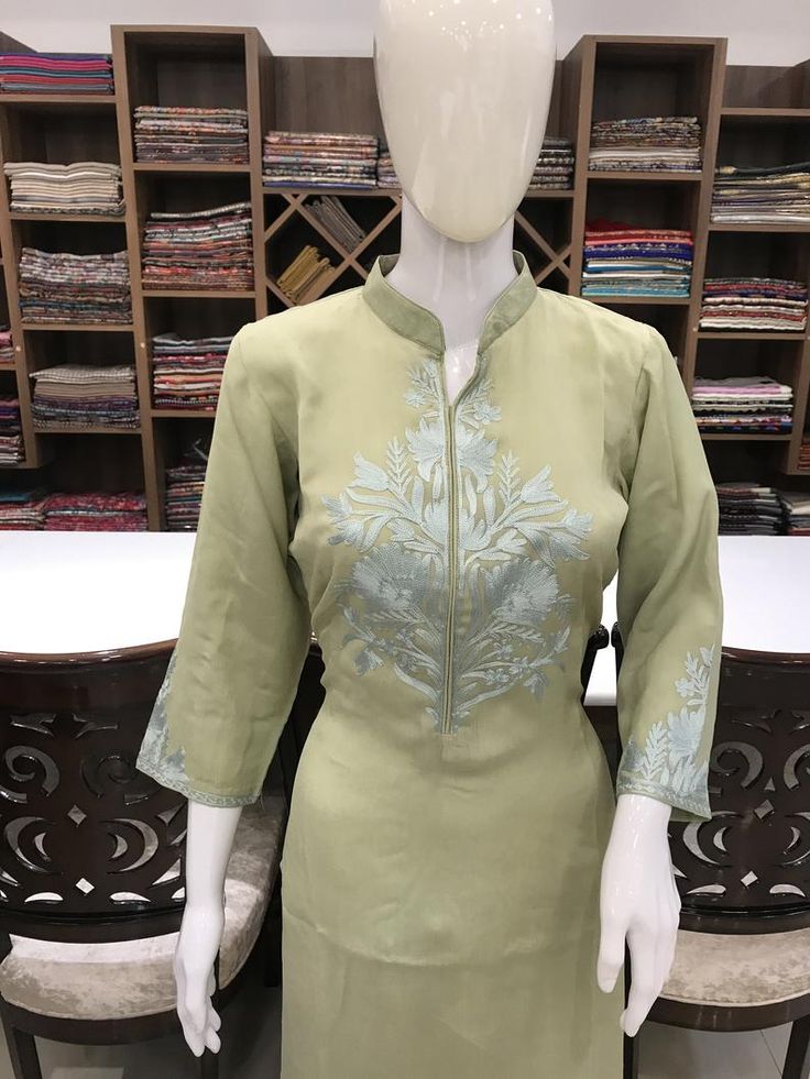 Aari Embroidered Kashmiri Suit Designer Salwar Suits | Etsy Elegant Churidar With Floral Embroidery In Chanderi, Elegant Chanderi Churidar With Floral Embroidery, Embroidered Silk Sharara With Straight Kurta, Elegant Pista Green Kurta With Floral Embroidery, Designer Floral Embroidery Kurta For Transitional Season, Designer Floral Embroidered Kurta For Transitional Season, Embroidered Silk Kurta For Eid, Transitional Traditional Wear With Floral Embroidery In Pista Green, Eid Chanderi Dress With Floral Embroidery