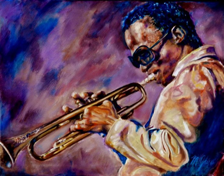 a painting of a man with glasses playing a trumpet in front of a purple background