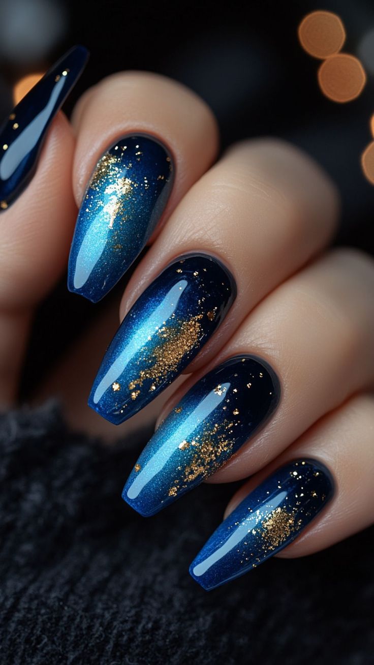 25 Blue Fall Nail Ideas That Will Make Your Nails Pop | Lookosm Gel Nail For Wedding, Good Engagement Nails, Wedding Day Nails Blue, Dark Blue With Gold Nails, Dark Purple Blue Nails, Navy Blue With Gold Nails, Elegant Nail Designs Glamour, Moody Nail Designs, Blue And Gold Nails Acrylic