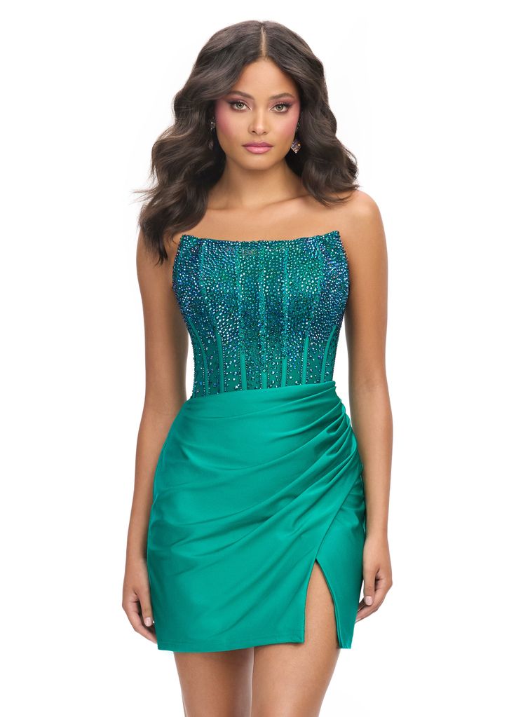 Achieve a stunning look with the Ashley Lauren 4686 Short Sheer Crystal Homecoming Dress. This formal gown features a corset boning for a flawless fit. The scoop neck design adds a touch of elegance, while the sheer crystal detailing adds a subtle sparkle. Perfect for any special occasion. Sizes: 00-18 Colors: Aqua, Emerald, Red, Turquoise, Black, Hot Pink, Royal, White Green Gown With Fitted Bodice And Sweetheart Neckline, Gala Evening Dress With Fitted Bodice And Straight Neckline, Green Evening Dress With Fitted Bodice And Sweetheart Neckline, Gala Evening Dress With Boned Bodice And Straight Neckline, Green Fitted Gown With Sweetheart Neckline, Green Evening Dress With Corset Back For Gala, Gala Corset Dress With Sheer Fitted Bodice, Gala Corset Dress With Sheer Bodice, Sheer Bodice Fitted Corset Dress For Gala