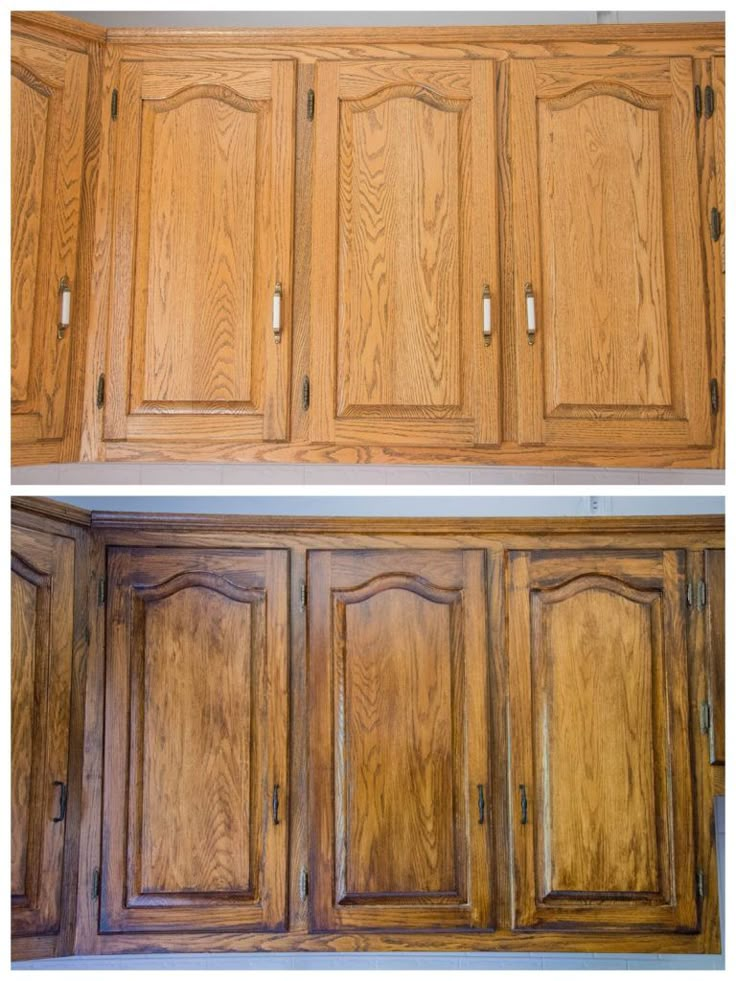 two pictures of wood cabinets with different styles and finishes, one showing the top panel